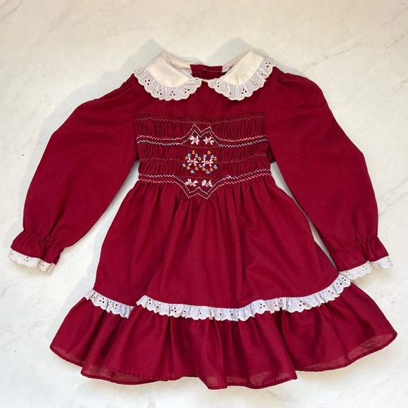 Vintage Polly Flinders Maroon Hand Smocked Dress Cottagecore Victorian Peasant - Picture 3 of 8